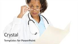  Presentation with physician - Beautiful presentation theme featuring skeptical female doctor holding backdrop and a white colored foreground