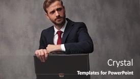  Presentation with interview - PPT layouts consisting of skeptical young business man waits for an interview looks to side sitting in studio background and a dark gray colored foreground