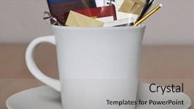  Presentation with pen laptop coffee cup clips - Slides having sketch book - notebook and pen background and a  colored foreground