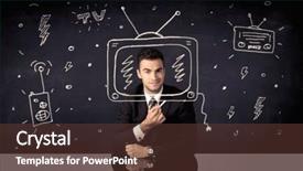 Presentation with television - Theme with elegant happy businessman drawing a television around his face dreaming about becoming a famous actor or a programme presenter concept background and a tawny brown colored foreground