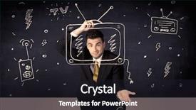  Presentation with actor - Cool new slides with happy businessman drawing a television backdrop and a wine colored foreground