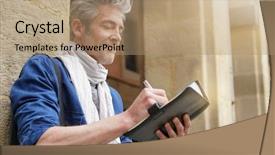  Presentation with sketching - Cool new PPT theme with sketches - mature artist sketching in historical backdrop and a coral colored foreground