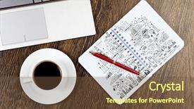  Presentation with coffe - Colorful slide deck enhanced with sketches and cup of coffe backdrop and a  colored foreground