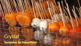 Presentation with street food - Presentation having skewered-fried-meat-and-balls background and a tawny brown colored foreground