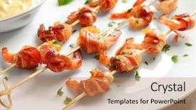  Presentation with shrimps - PPT layouts featuring skewered shrimps wrapped in bacon background and a coral colored foreground