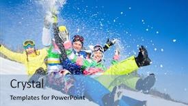  Presentation with group dairy fruit desserts - Slides with ski boat - group of funny friends slide background and a light blue colored foreground