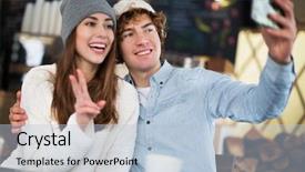  Presentation with underage drinking two teenagers having - Presentation enhanced with ski lodge - couple having hot drink background and a  colored foreground