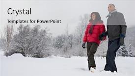  Presentation with snow - Presentation consisting of ski racing - mature couple walking through snow background and a light gray colored foreground