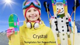  Presentation with snowman - Audience pleasing slide deck consisting of ski skier sun and winter fun - skier girl with snowman enjoying winter holidays backdrop and a yellow colored foreground