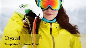  Presentation with ski - Audience pleasing theme consisting of ski skier winter - closeup of smiling skier woman backdrop and a gold colored foreground