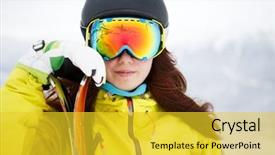  Presentation with ski - PPT layouts enhanced with ski skier winter - closeup of smiling skier woman background and a yellow colored foreground