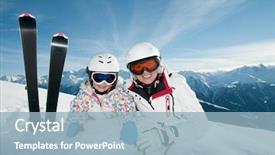  Presentation with ski - Theme featuring ski vacation - portrait of skiers in ski resort background and a light blue colored foreground