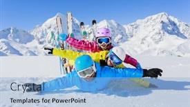  Presentation with winter family - Beautiful PPT layouts featuring ski winter snow skiers sun backdrop and a light blue colored foreground