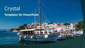  Presentation with greek islands - Slide deck having skiathos-greece-avg-10-2019 background and a ocean colored foreground