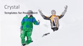  Presentation with alpine - Presentation featuring skier and snowboarder in the snow looking into an alpine winter landscape in anticipation of the next downhill race background and a sky blue colored foreground