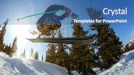  Presentation with ski - Presentation design with skier jumps from a springboard in the ski resort of sheregesh russia background and a ocean colored foreground
