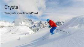  Presentation with high performance teams - Slides with skier skiing downhill in high mountains san martino di castrozza in italy background and a light blue colored foreground