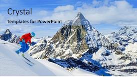  Presentation with mountain snow - Theme having skier skiing downhill in high mountains in fresh powder snow snow mountain range with matterhorn in background zermatt alps region switzerland background and a light blue colored foreground