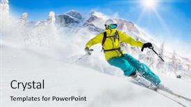  Presentation with skiing - Presentation theme having cool slide - skier skiing downhill in high background and a light gray colored foreground
