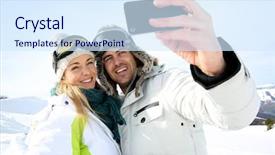  Presentation with marathon hd picture - Slide set having skiers taking picture of themselves background and a sky blue colored foreground