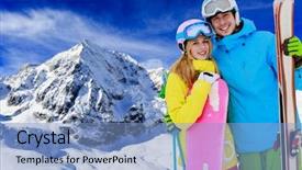  Presentation with portrait of a shy embarrassed - Audience pleasing PPT layouts consisting of skiing snowboarding - portrait of young couple on winter holiday backdrop and a light blue colored foreground
