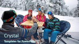  Presentation with winter family - Presentation design with skiing winter fun - father taking picture of happy family on snow background and a ocean colored foreground