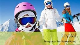  Presentation with winter family - PPT theme with skiing winter fun - happy family ski team background and a yellow colored foreground