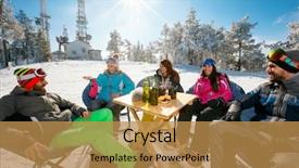  Presentation with fun - PPT theme consisting of skiing winter fun smiling friends background and a gold colored foreground