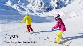  Presentation with winter - Audience pleasing slide set consisting of skiing winter ski lesson - skiers on ski run backdrop and a sky blue colored foreground