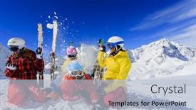  Presentation with winter family - Slide set with skiing-winter-snow-skiers-sun background and a light blue colored foreground