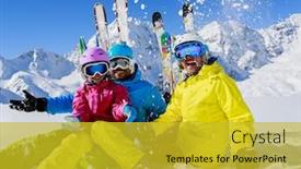  Presentation with winter family - Beautiful theme featuring skiing winter snow skiers sun and fun - family enjoying winter vacations backdrop and a gold colored foreground
