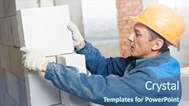  Presentation with brick wall - Cool new presentation design with skill building - construction mason worker bricklayer installing backdrop and a ocean colored foreground