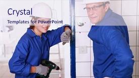  Presentation with craftsman - PPT theme having skill building - craftsman watching over his female background and a  colored foreground