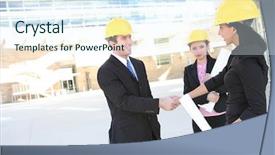  Presentation with building construction - Slides featuring skill development - handsome business man handshake background and a sky blue colored foreground