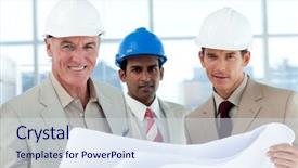  Presentation with building automation - PPT theme consisting of skill development - smiling architects studying blueprints background and a  colored foreground