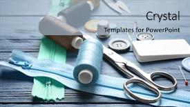  Presentation with tailoring - Slide deck featuring skill set - accessories for tailoring on wooden background and a light blue colored foreground