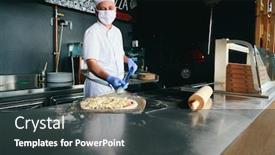  Presentation with medical face mask - Beautiful PPT theme featuring skilled-chef-preparing-traditional-italian backdrop and a dark gray colored foreground