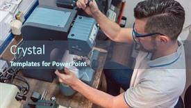  Presentation with locksmith - PPT theme enhanced with skilled locksmith cutting key with his machine background and a ocean colored foreground