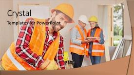  Presentation with portfolio renovation and construction - Colorful PPT layouts enhanced with skilled trades - craftsman and artisans working backdrop and a  colored foreground
