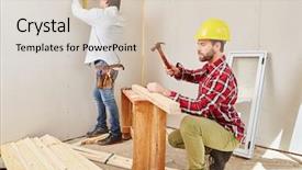  Presentation with teamwork - Slide set featuring skilled trades - craftsmen renovating house in teamwork background and a  colored foreground