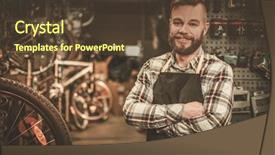  Presentation with motorcycle service workshop - Colorful presentation theme enhanced with skilled trades - stylish bicycle mechanic standing backdrop and a tawny brown colored foreground