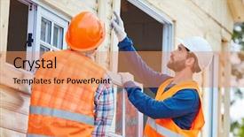  Presentation with house window frame - Slides having skilled trades - two window fitter cooperating background and a coral colored foreground