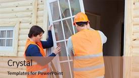  Presentation with amily a new born - Colorful theme enhanced with skilled trades - two window fitters installing new backdrop and a coral colored foreground