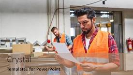  Presentation with order - Slide deck having skilled-worker-as-warehouse-clerk background and a coral colored foreground