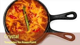  Presentation with cheddar - Presentation theme consisting of skillet refried beans with hot peppers cherry tomatos and cheddar cheese over white background and a tawny brown colored foreground