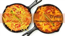  Presentation with cheddar - Slide set with skillet refried beans with hot peppers cherry tomatos and cheddar cheese over white before and after baked background and a gold colored foreground