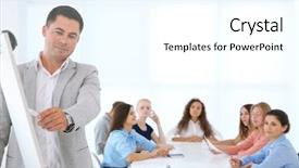  Presentation with trainer - Colorful PPT layouts enhanced with skillful leader - business trainer giving presentation backdrop and a white colored foreground