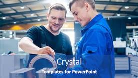  Presentation with apprentice - Cool new presentation design with skillful master discussing a workpiece with his apprentice or trainee backdrop and a ocean colored foreground