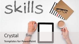  Presentation with skills - PPT layouts with human development motivation personal - skills man working with tablet background and a light gray colored foreground
