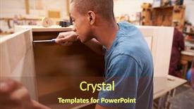  Presentation with cooperative culture building - Cool new slide deck with skills training - apprentice building furniture in carpentry backdrop and a tawny brown colored foreground